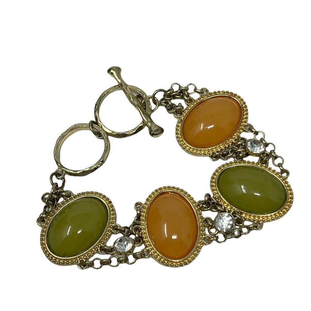Orange‎ Green Bracelet Stations Rhinestones Toggle Closure Gold Tone Boho
